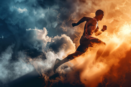  Intense action shot of isolated runner on dramatic sport background