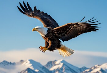 Fototapeta premium Majestic Bald Eagle Soaring Over Snowy Mountain Peaks