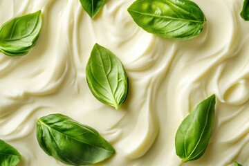 Obraz premium Creamy white swirled mayonnaise with green basil leaves, cut out, ai