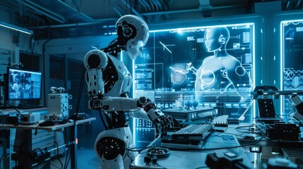 Fototapeta premium A cybernetic enhancement laboratory where scientists are working on integrating advanced implants into human subjects.