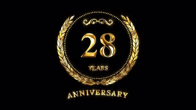 28th Anniversary Celebration. Happy 28 Years Anniversary Animation in Gold Color on the Transparent Background, Alpha Channel. Great for greetings, celebrations, events, and gifts.