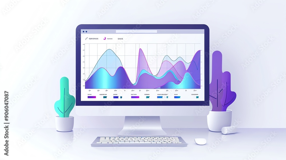 Fototapete Modern Desktop with Colorful Chart Displayed on Computer Screen.