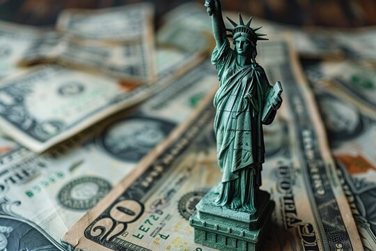 Symbolic us economic crisis  statue of liberty, dollar bill, falling graph shows industrial decline