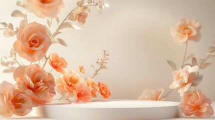 Empty round podium with peach roses for display products, Ai generated for ads