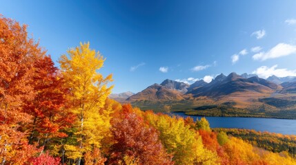 Fototapeta premium A panoramic view of mountains covered in autumn foliage
