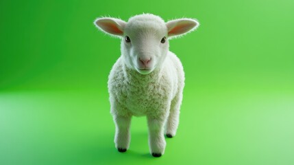 Fototapeta premium A cute and fluffy lamb posing on a bright green background, highlighting its innocence and charm.