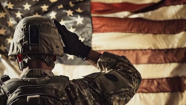 Soldier saluting an American flag