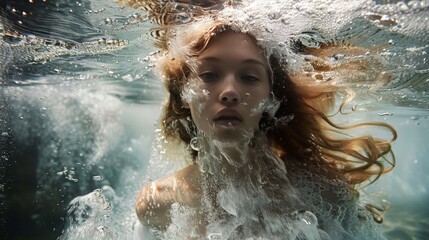 Obraz premium Write about a photographer's series of underwater portraits featuring women. Describe the ethereal beauty
