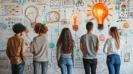 Business workshop with design thinking activities, rightaligned, pastel background, high resolution, more clarity with clear light and sharp focus , high detailed ,