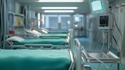 modern hospital hallway with smooth, shiny floors and stylish lighting fixtures. empty hospital rooms and operating rooms with latest life-saving equipment and bright and sunny and airy environment 