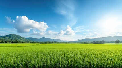 A panoramic view of lush green rice fields under a clear blue sky, with space for text on the left side, emphasizing the vastness and serenity of the landscape.
