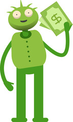 Cute Monster Character Holding Dollar Banknotes
