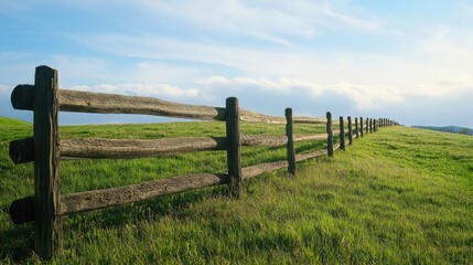 Obraz premium A rustic wooden fence along a grassy field with space for text in the upper right corner, emphasizing the charm and simplicity of farm life.