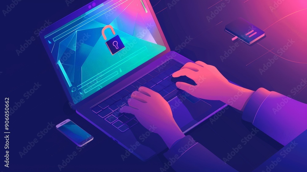 Aufkleber write about the cybersecurity precautions necessary when using a laptop isolated.