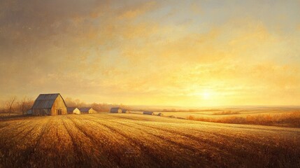Fototapeta premium A sunrise over a sprawling farm landscape, with barns and fields bathed in golden light, and space for text in the lower right corner, evoking a sense of new beginnings and promise.