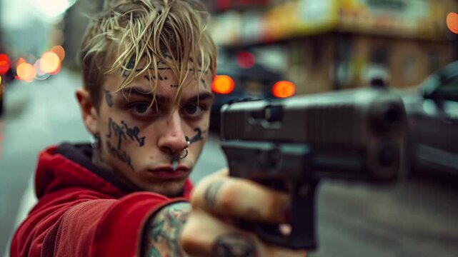 Young gang member man holding a gun on a street