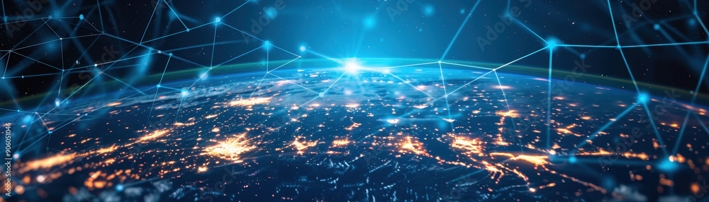 Poster a blue planet with a network of lines connecting it. the lines are glowing and the planet is surroun
