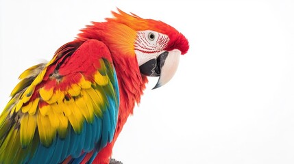 Obraz premium A vibrant parrot perched against a simple white background, showcasing its colorful plumage and lively personality.