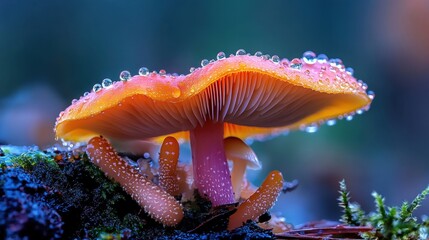 Mushroom and dew, early morning scene, freshness