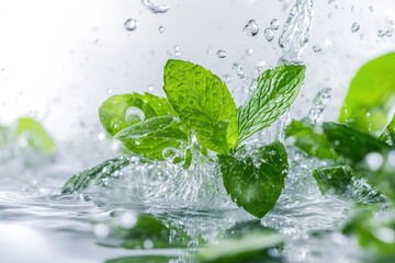 Fresh green mint leaves splashing with water, cut out , ai