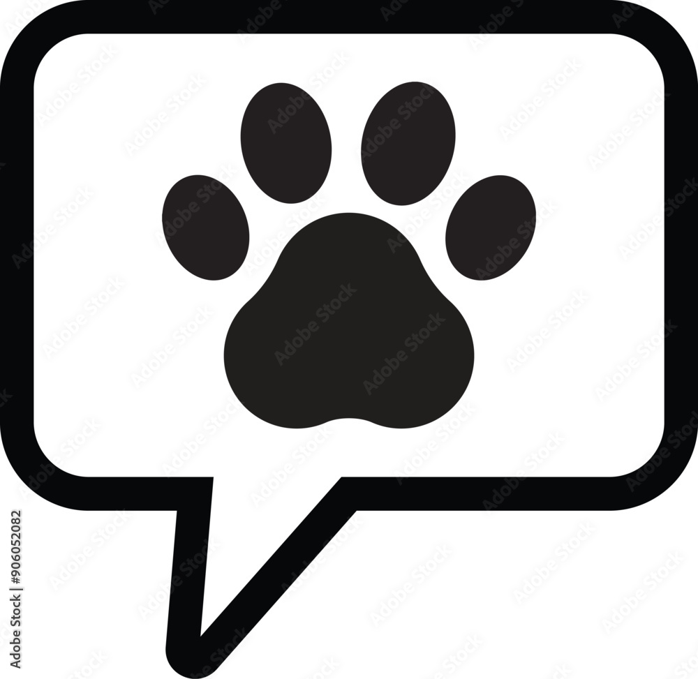 Poster speech bubble with paw print icon . paw print icon in chat bubble . dog paw icon with speech bubble 