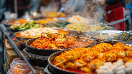 A delicious spread of Korean street food, including tteokbokki (spicy rice cakes), hotteok (sweet pancakes), and kimbap (rice rolls). 