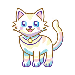 Obraz premium Cartoon White Cat with Rainbow Stripes Wearing a Collar