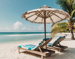 Chairs and umbrella at beach with palms. Holiday banner