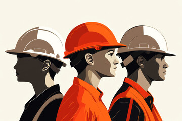 Obraz premium A group of construction workers wearing hard hats stand in a line. The workers are wearing ifferent colored jackets, including orange, green, and blue. Concept of unity and teamwork among the workers