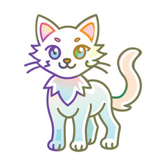 Cartoon illustration of a white cat with iridescent details
