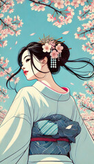 Fototapeta premium 日本画（Japanese painting）／美人画 美女 着物 anime イラスト
