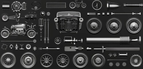Vintage Car Parts Collection in Monochrome: A Vector Illustration of Automotive Components Featuring Engine, Pistons, Steering Wheel, Tires, Headlights, Speedometer, Gearbox, and Shock Absorbers.