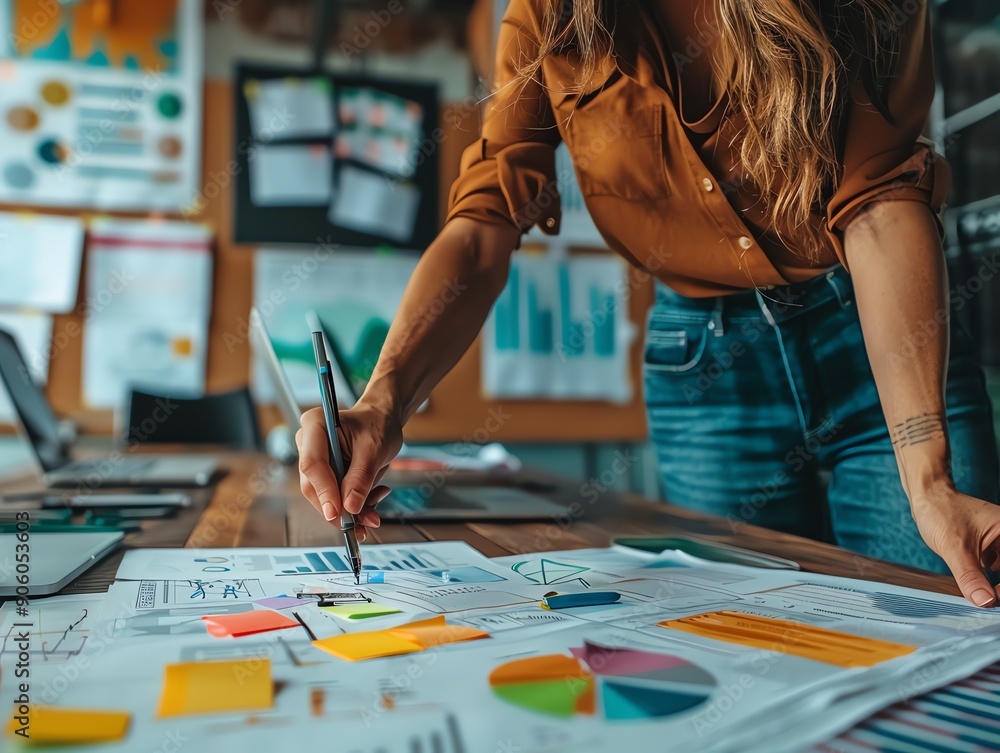 Poster Woman working on a project with sticky notes and charts.