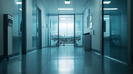 Fototapeta premium modern hospital hallway with smooth, shiny floors and stylish lighting fixtures. empty hospital rooms and operating rooms with latest life-saving equipment and bright and sunny and airy environment 
