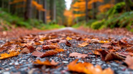 Fototapeta premium A serene forest path covered in a carpet of colorful autumn leaves
