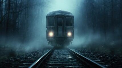 A spooky forest with abandoned, broken-down carriages and ghostly figures