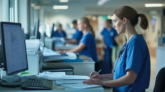nurses and hospital stuffs doing administrative work in the reception, nurses wearing blue dress in front of computer and printer, healthcare professional using computer, doctors are checking reports 