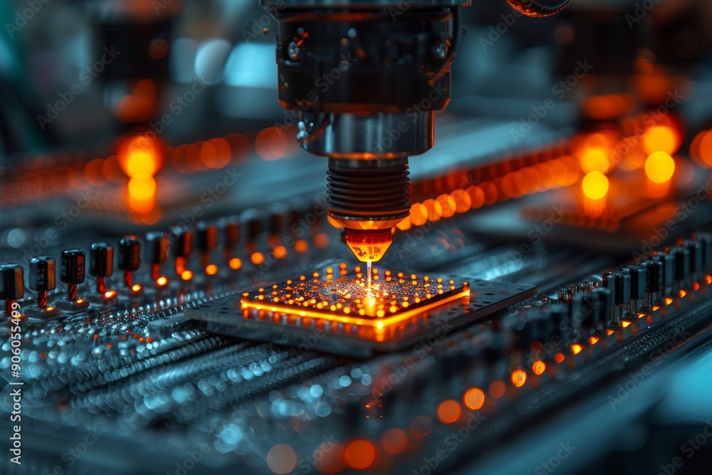 Poster automotive microprocessor production concept with soldering machine for chip cooling system