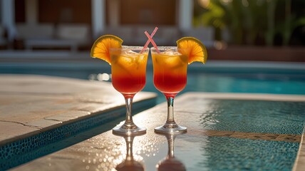 Two tequila sunrise cocktails by swimming pool.
