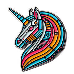 Enamel Pin Unicorn with Vibrant Colors, isolated on white background, PNG