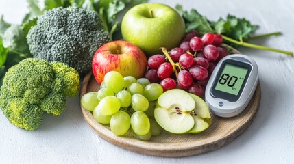 Concept of Diabetes , Vegetables and fruits placed on a wooden plate with a blood glucose monitors , Control blood sugar, Generative AI