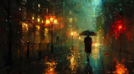 Fototapeta premium A solitary figure walks under an umbrella in a rainy, illuminated street, creating a moody and atmospheric urban scene.