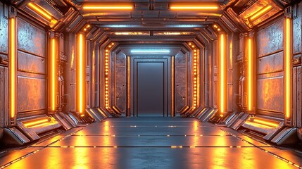 Futuristic Industrial Hallway with Orange Neon Lights