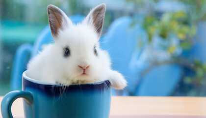 Obraz premium ブルーのマグカップ入った可愛い白うさぎの背景
