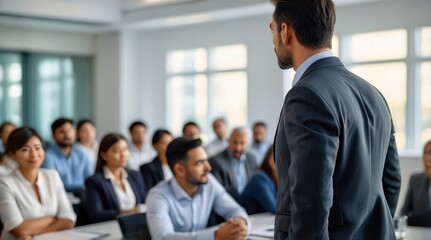 Confident businessman giving a presentation in front of crowd in meeting conference seminar room. Leadership authority teamwork in business concept