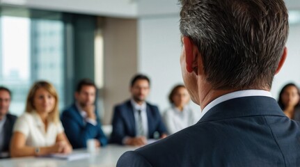 Confident businessman giving a presentation in front of crowd in meeting conference seminar room. Leadership authority teamwork in business concept