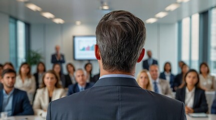 Confident businessman giving a presentation in front of crowd in meeting conference seminar room. Leadership authority teamwork in business concept