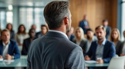 Confident businessman giving a presentation in front of crowd in meeting conference seminar room. Leadership authority teamwork in business concept
