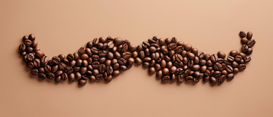 A man's mustache is made out of coffee beans. The image has a playful and creative vibe, as it takes a mundane object like a coffee bean and transforms it into a unique and whimsical design