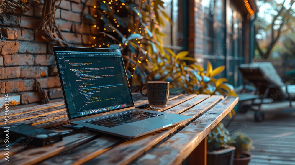 Poster laptop on wooden table with code and coffee.
